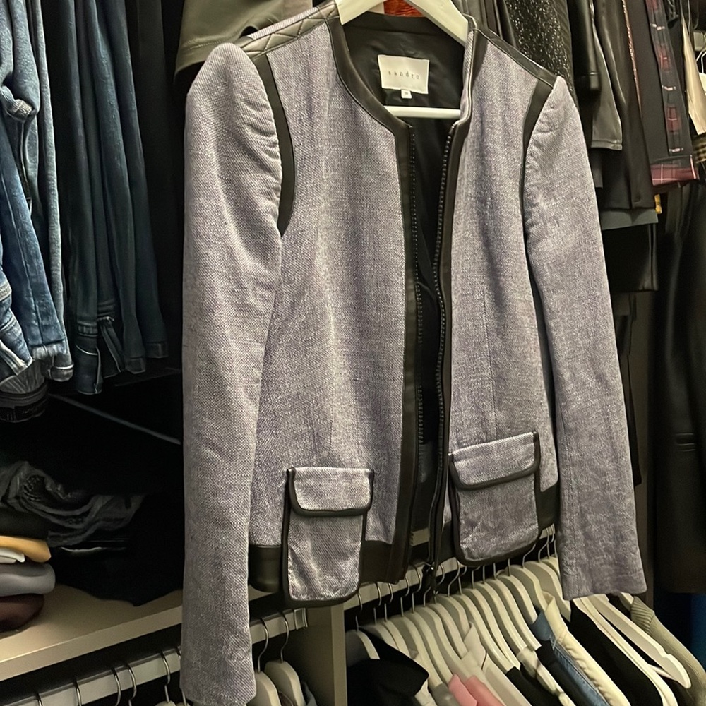 Sandro cotton linen jacket with faux leather decor